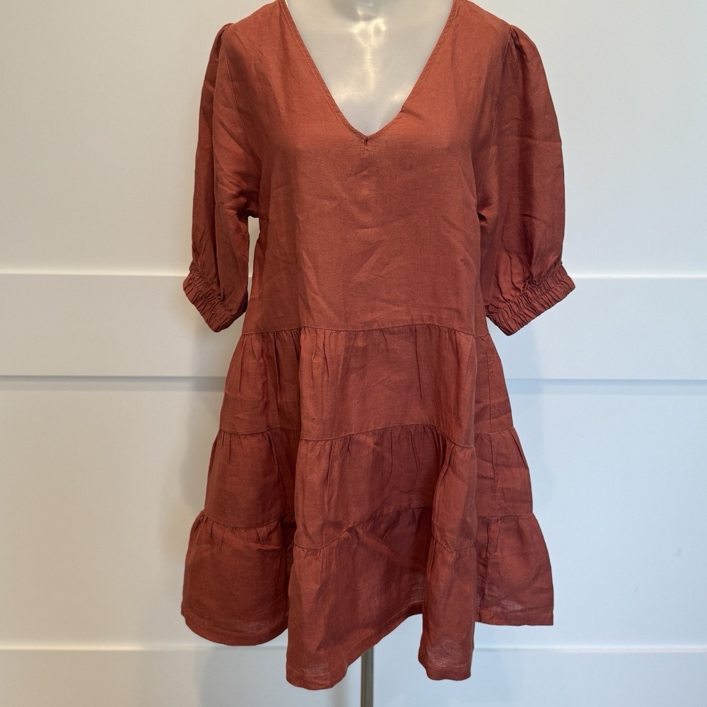 Touche Linen Tiered Terracotta Dress Puff Sleeve Quiet Luxury Minimalist Size M